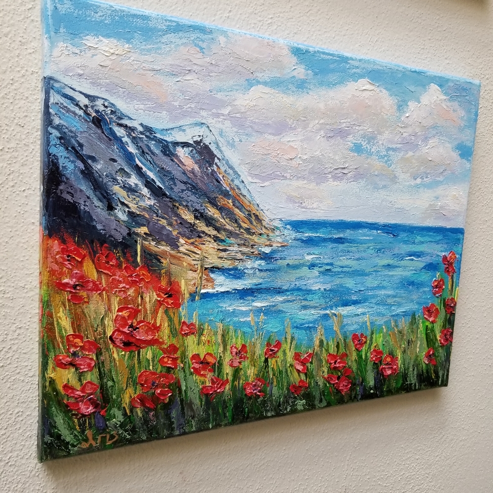 Hand oil painted Poppies, mountains and ocean - Picture 2 of 2
